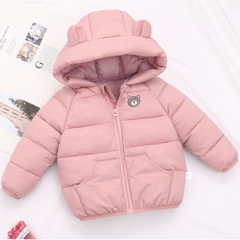 Doudoune à capuche douce et chaude pour enfants avec motif ours sur veste rose avec oreilles dans la capuche
