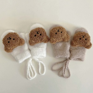 Gants motif ours chauds tricotés pour enfants en blanc et marron avec ours marron