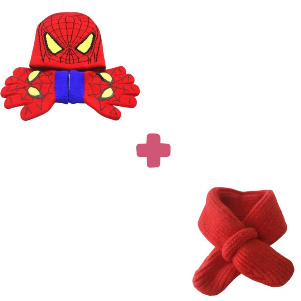 pack hiver enfant spiderman : bonnet, gant et écharpe rouge