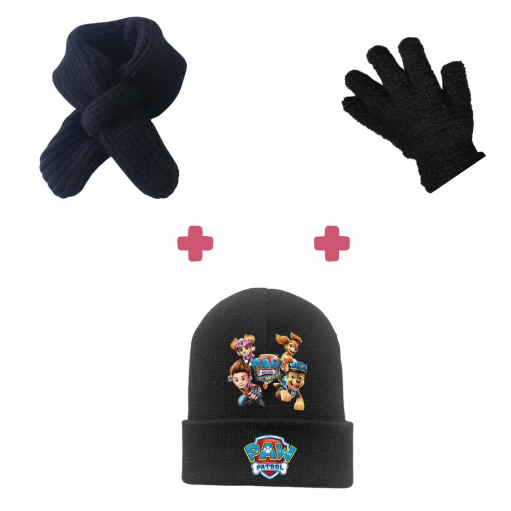 Pack spécial hiver pour enfant : Paire de gants + Écharpe + Bonnet Pat'Patrouille en noir avec motif