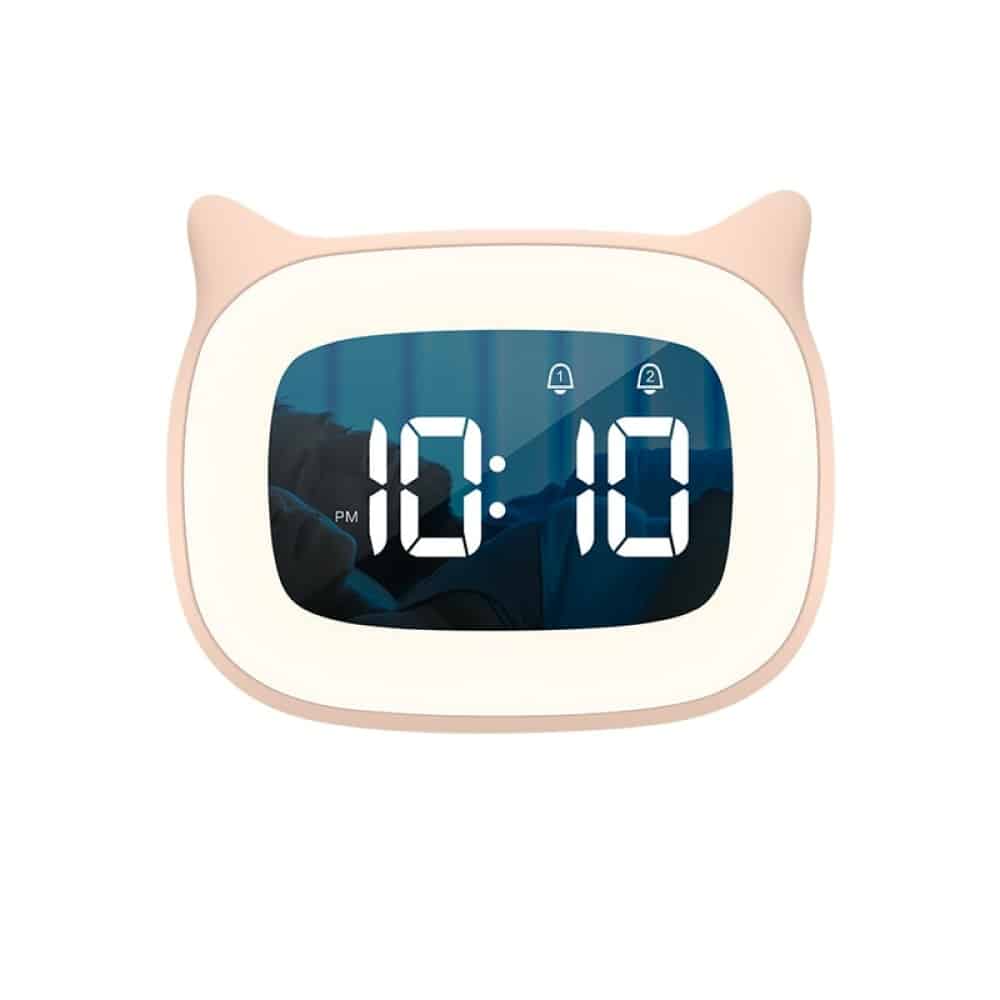 Réveil numérique de couleur rose en forme de chat