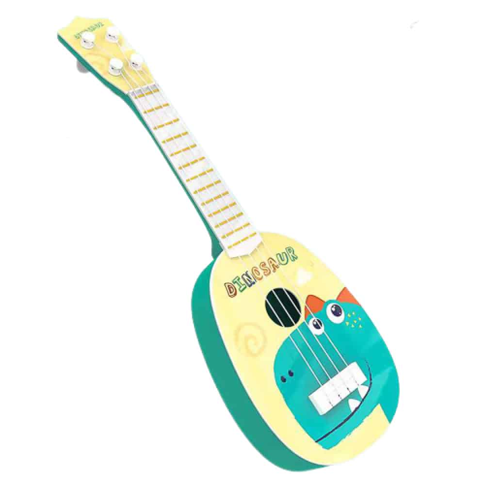 Guitare à 4 cordes pour enfant de couleur jaune avec un motif de dinosaure de couleur vert