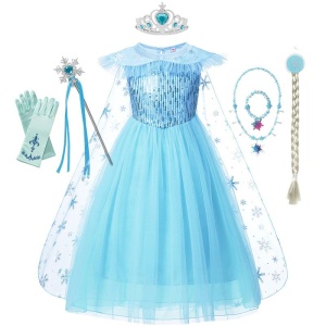 Robe la Reine des Neiges Elsa pour enfants. Couleurs bleu, avec accessoire. Bonne qualité et très tendance.