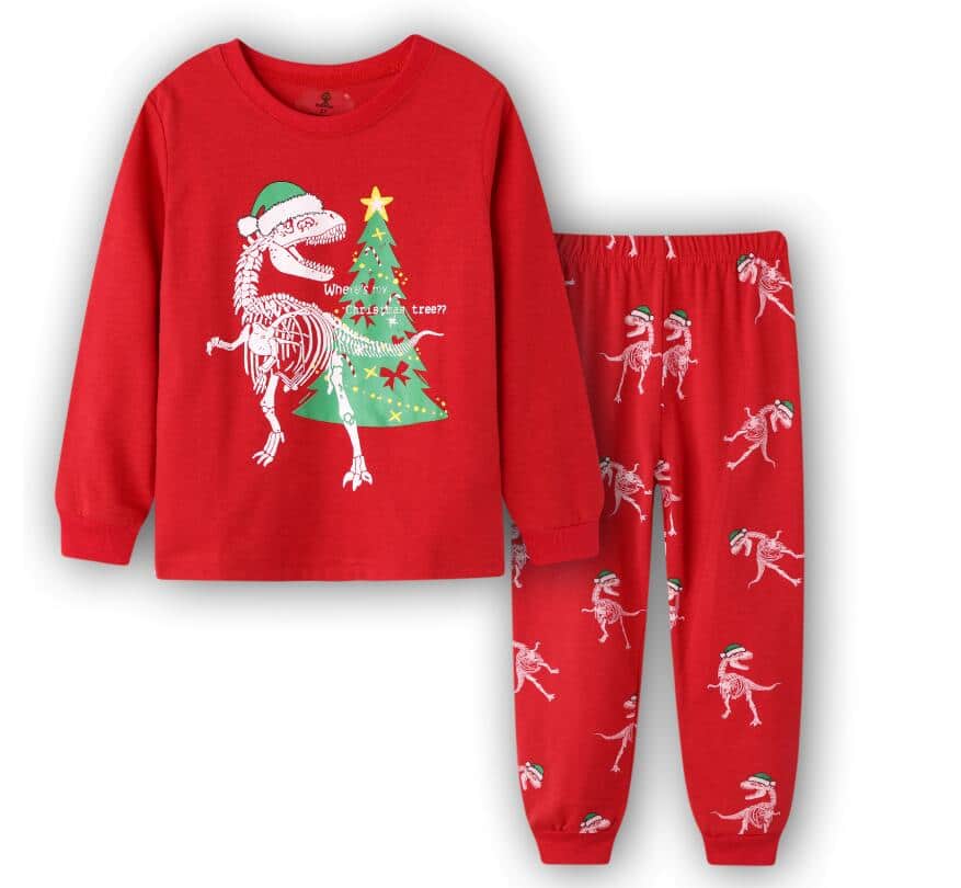 Pyjama de Noël à motif dinosaure avec un sapin de Noël pour enfants avec un fond blanc