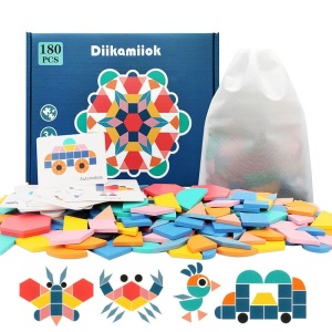 Puzzle en bois jeux Montessori pour enfants 180pcs avec la boîte coloré avec plusieurs formes d'animaux et un fond blanc