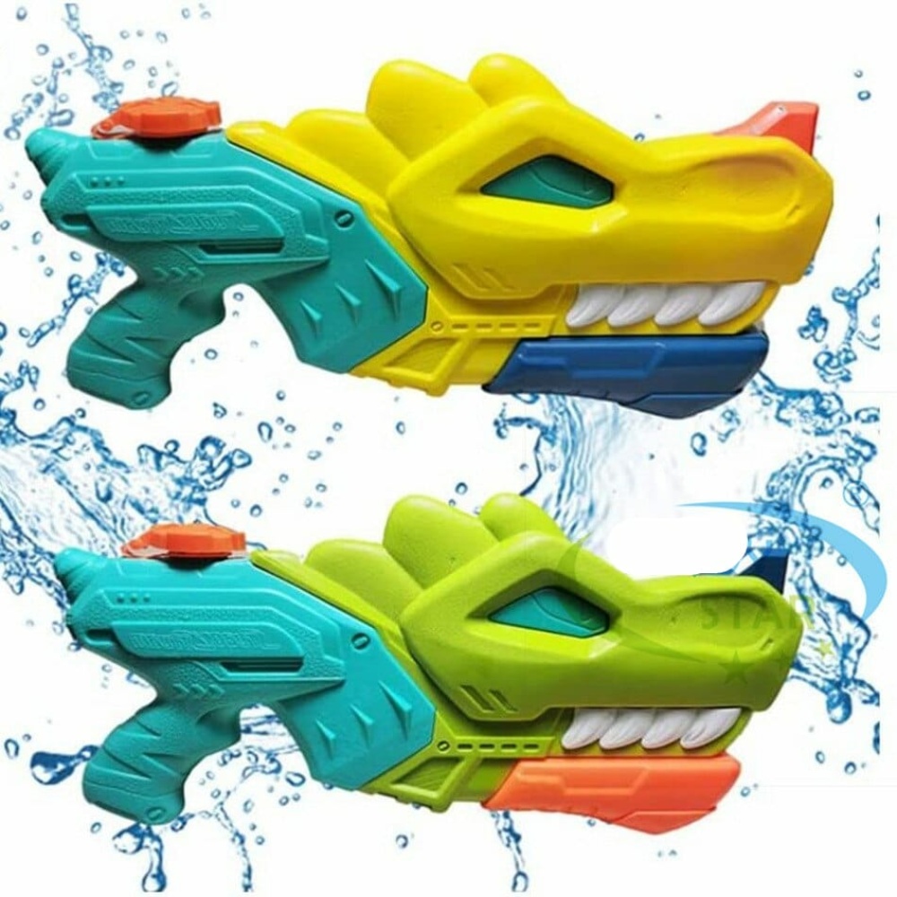 Pistolet à eau en forme de dinosaure pour enfants jaune et vert avec un fond blanc