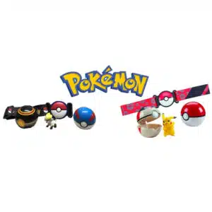 Ceinture Pokémon avec ensemble PokéBall et figurines avec le logo Pokémon et un fond blanc
