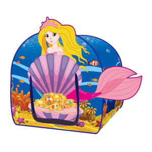 Tipi pour fille en forme de château, il est bleu et rose et comprend une sirène imprimé dessus. Sur sa porte, il y a des trésors sous-marins représentés.
