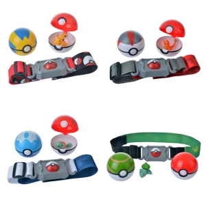 Ceinture Pokémon avec une Pokeball et plusieurs figurines avec un fond blanc