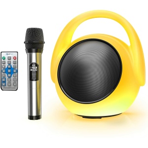 Un micro pour enfant de karaoké avec son haut-parleur de couleur jaune et noir ainsi que sa télécommande sans fil grise.