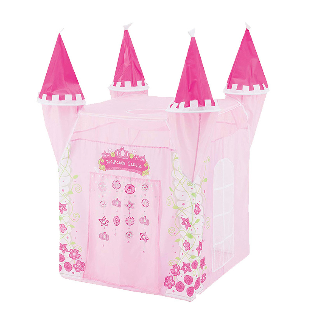 Un tipi rose pour enfant en forme de chateau de princesse. Il a quatre tours et une porte en rideau sur le devant.