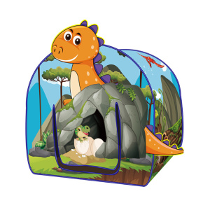 Un tipi pour enfant coloré avec un dessin de dinosaure sur la face avant et un décor de nature sur le côté. Sur la face avant, il a une porte rideaux représentant des œufs de dinosaure.