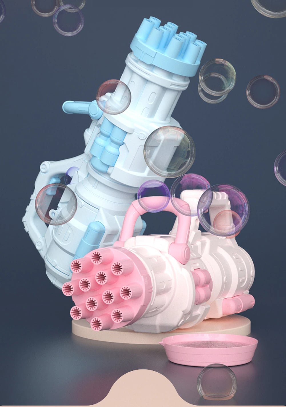Pistolet à eau 12 trous avec des bulles électriques automatique rose et bleu pour enfants bleu et rose avec un fond noir et des bulles dans l'air