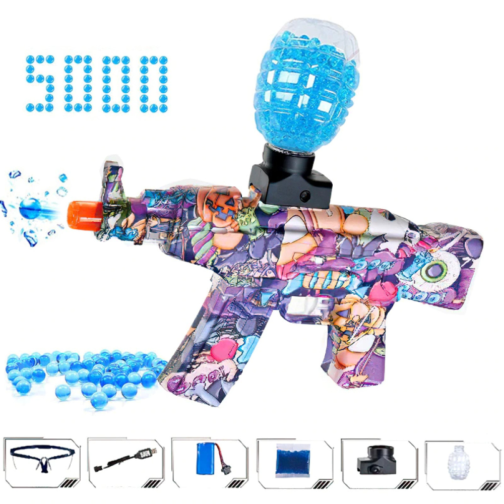 Pistolet à orbeez multicolore à billes bleu pour enfants violet avec des billes bleu et d'autres accessoires et un fond blanc