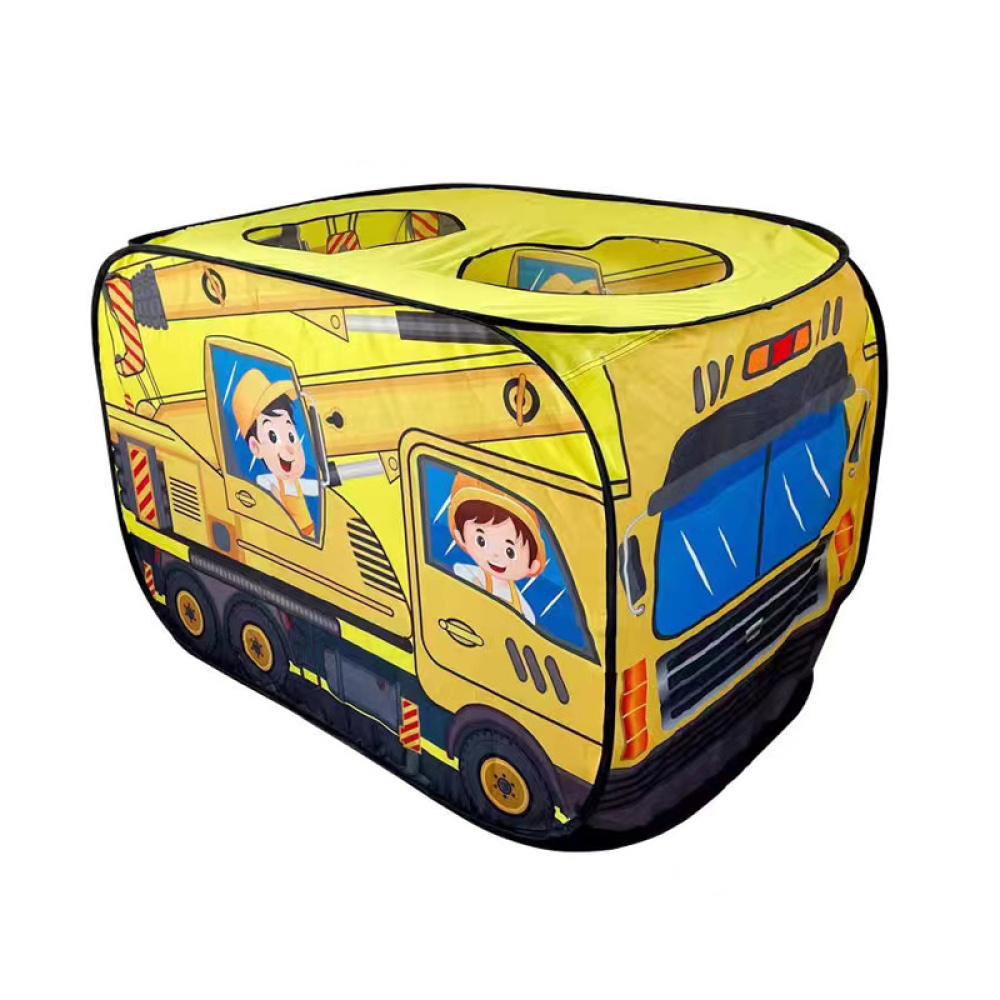 Un tipi pour enfant jaune en forme de camion de chantier. Il a deux ouvertures sur le dessus et est entierement recouvert dune peinture représentant un camion de chantier jaune.
