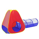 Un tipi pour enfant multicolore en forme de petite maisonnette avec un tunnel bleu sur une de ses paroie.