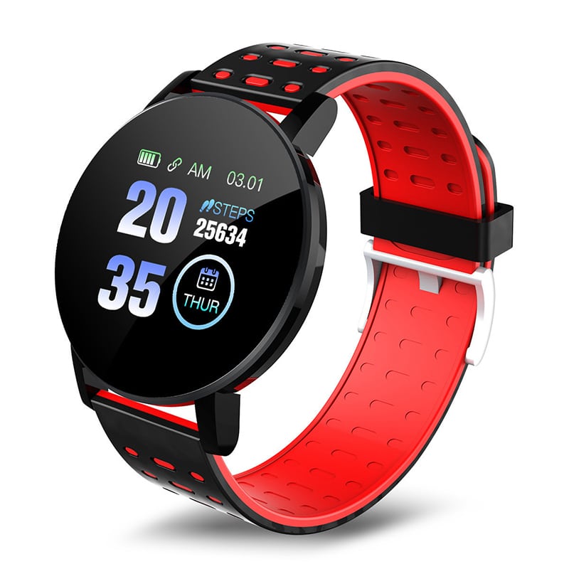 Une montre connectée numérique pour enfant de couleur noire avec le bracelet et quelques touches de rouge. Sur l'écran sont affiché des informations telles que l'heure, la date et d'autres informations utiles.