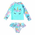 maillot pour filles deux pièces avec le haut à manches longues avec une tête de licorne, et la culotte à volants sur les côtés, le maillot est bleu turquoise