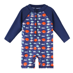 maillot de bain pour petit garçon , une seule pièce style combinaison , bleu avec des petits poissons