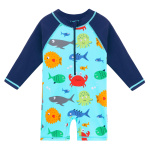 maillot de bain pour petit garçon , une seule pièce style combinaison , bleu clair avec des petits poissons colorés