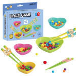 boîte de jeu comprenant des billes, des bacs en forme de coeur et des baguettes de différentes couleurs