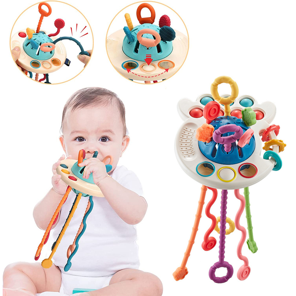 photo d'un bébé mordillant le jouet montessori, avec des images du produit dans des bulles