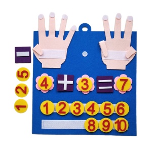 carré en feutre bleu avec des chiffres, des signes de mathématiques et deux mains pour apprendre à compter