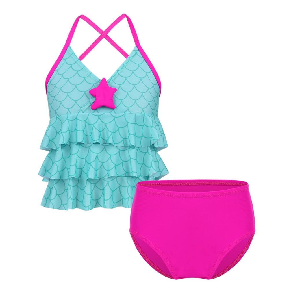 maillot de bain pour fille bleu et le bas rose en deux pièces avec le haut en débardeur , présenté sur fond blanc