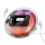 Lecteur CD transparent avec un cd rouge et violet à l'intérieur, et des écouteurs