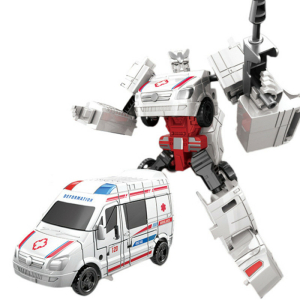 Jouet voiture blanche ambulance, avec cette voiture transformée en robot à côté
