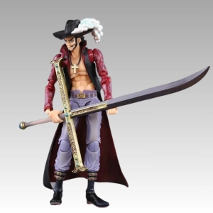 Figurine articulée Mihawk de One Piece avec son sabre immense et son chapeau emblématique, sur fond de dégradé gris.