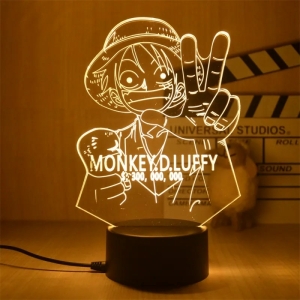 Veilleuse Monkey D Luffy allumée avec sa lumière chaude et mise en scène dans une pièce avec en arrière-plan un clapet de metteur en scène.