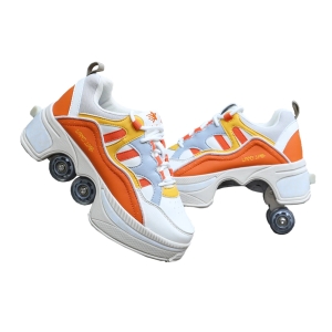 Chaussures à roulettes style ville pour enfants dans sa version orange, sur fond blanc.