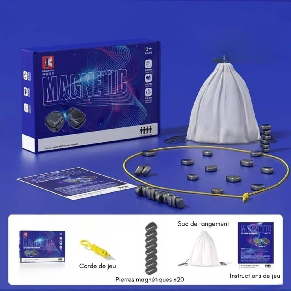 Jeu d'échecs magnétique avec ses accessoires sortis de la boite, sur fond bleu.