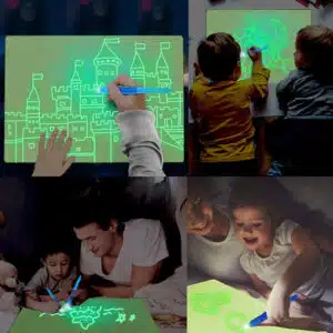 Image divisée en quatre plans. Enfants souriants en train de dessiner sur une tablette magique fluorescente