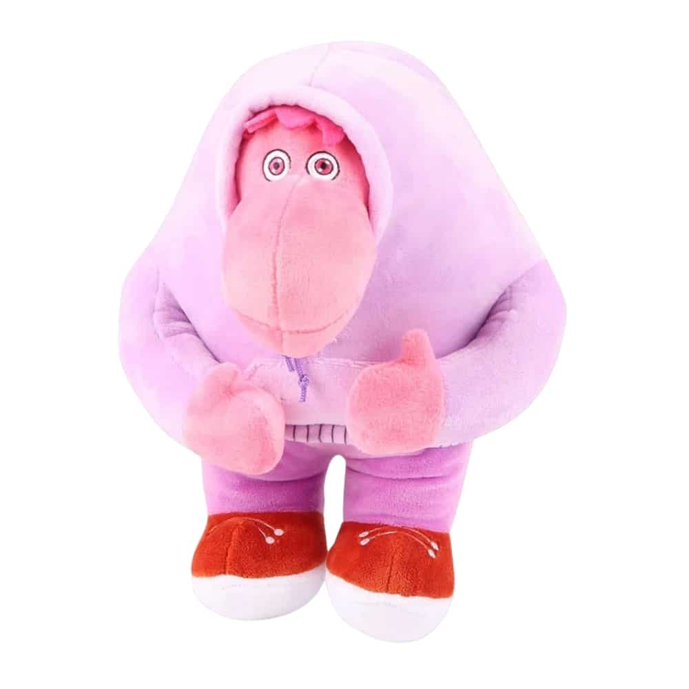 Peluche du personnage Embarras du film Vice Versa 2. Il est de couleur rose, il cache sa tête sous son grand pull rose. Il porte un pantalon rose et des chaussures rouges.