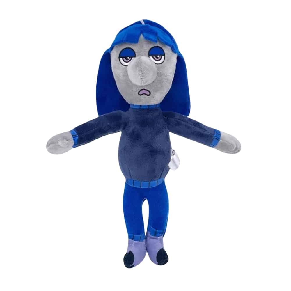 Peluche du personnage Ennui du film Vice Versa 2. Elle est de couleur grise, tout habillé en bleu, avec les cheveux bleus et longs.