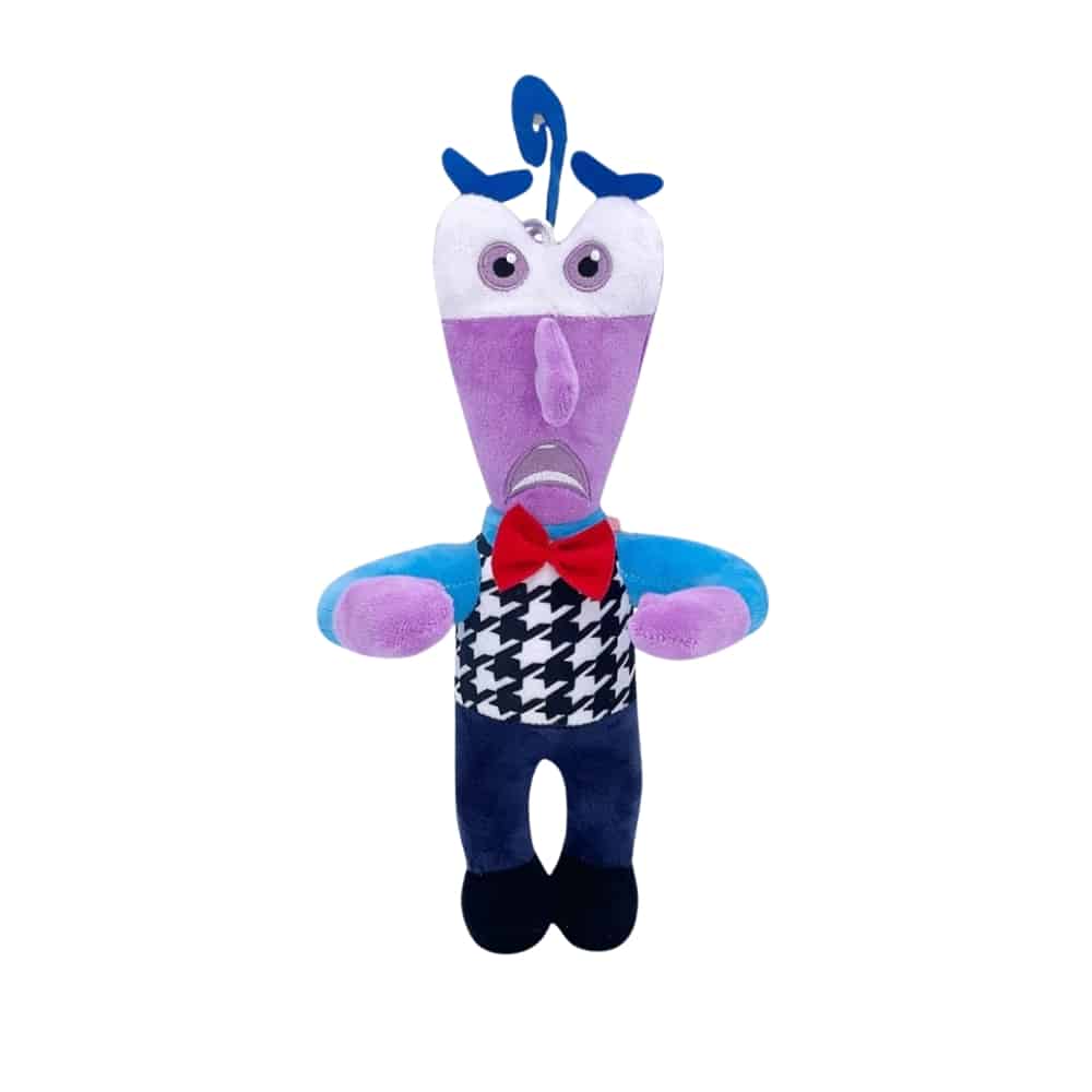 Peluche du personnage Peur dans le film Vice Versa 2. Il arbore un visage apeuré, il est de couleur violette, il a des cheveux bleus très courts. Il porte une chemise noire et blanche avec des manches bleues, un pantalon bleu foncé et des chaussures noires. Et porte également un nœud papillon rouge.
