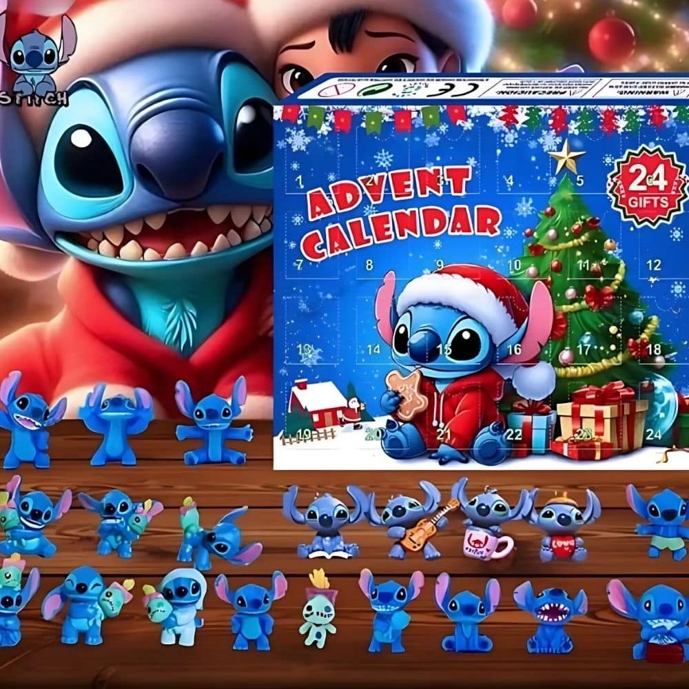 Calendrier de l'Avent Stitch sur le thème de Noël à droite de l'image. Sur la gauche le personnage Stitch. En-dessous, les petites figurines.