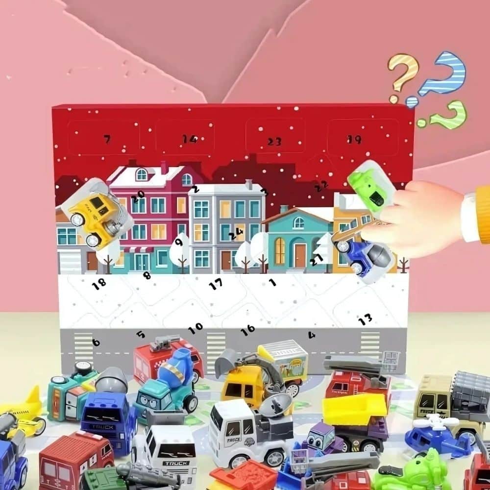 KreativeKraft Calendrier Avent 2024 Garçon – 24 Petites Voitures & Camions + Circuit