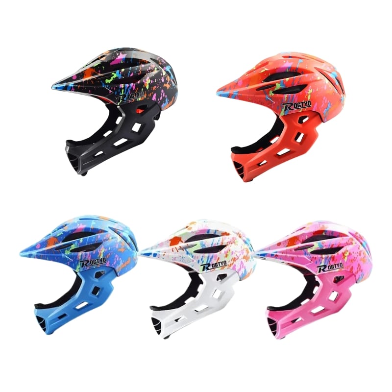 Casques pour enfants avec protection amovible et motifs éclaboussures colorées. Disponibles en plusieurs couleurs vives, notamment noir, rouge, bleu, blanc et rose, ces casques combinent style et sécurité.
