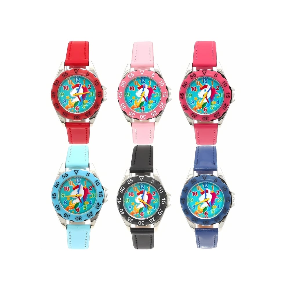 Montre enfant à quartz avec un bracelet décoré d'une jolie licorne multicolore. Un design ludique et coloré, parfait pour les enfants, combinant style et apprentissage de l'heure.