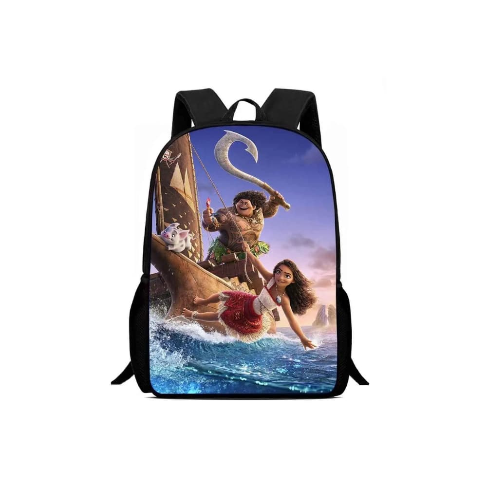 Sac à dos pour enfant sur le thème de Vaiana 2, représentant les personnages principaux sur un bateau en pleine aventure sur l'océan. Idéal pour les fans de Disney, il est pratique pour transporter les affaires d'école ou pour les sorties.