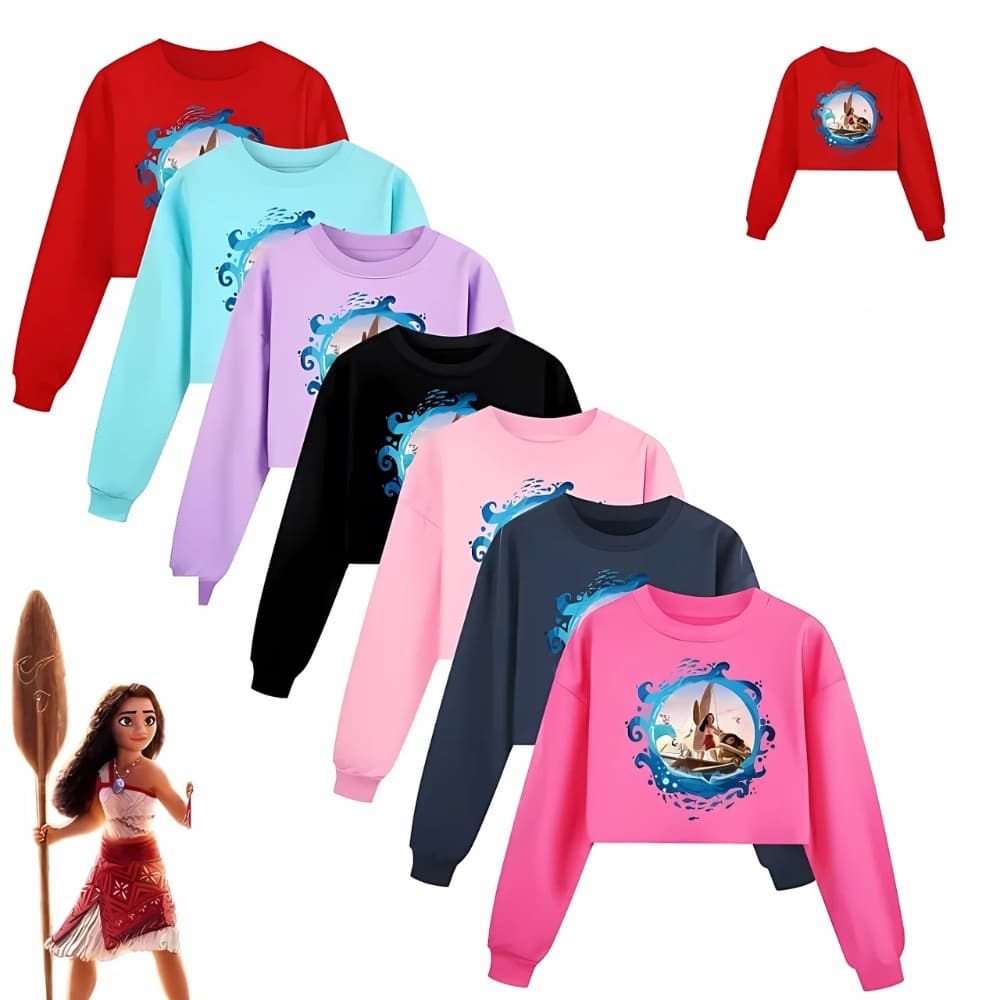 Collection de sweats courts à manches longues pour enfants, ornés d'imprimés colorés représentant Vaiana 2. Disponibles en plusieurs couleurs vives, ces sweats offrent confort et style tout en célébrant l'univers de l'héroïne Disney.