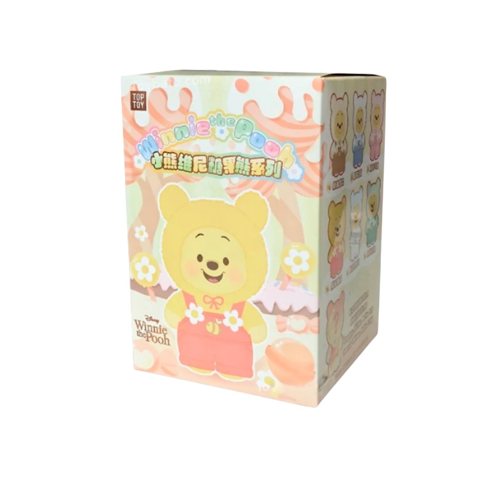 Peluche mystère Winnie en costume style Labubu dans sa boite sur fond blanc.