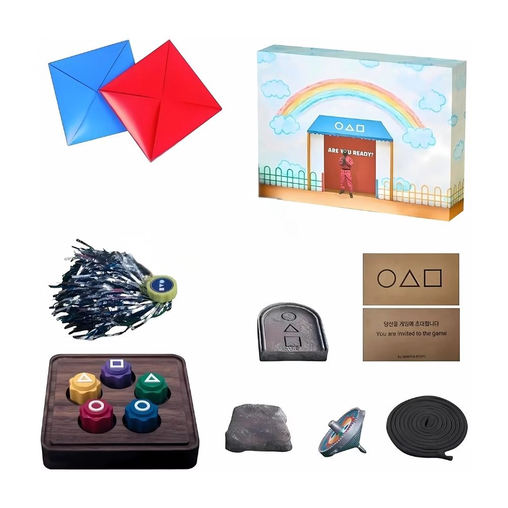 Pack de jeux coréens inspirés de Squid Game sur fond blanc.