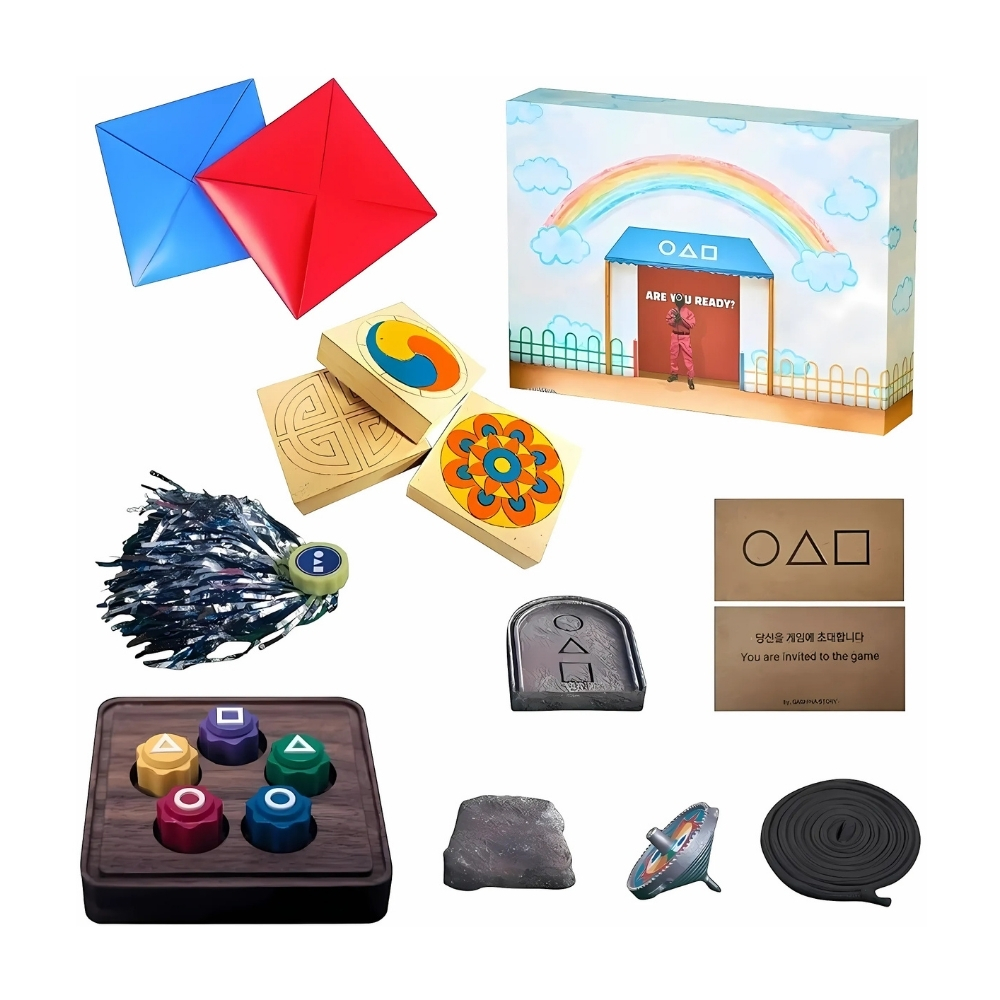 Pack de jeux coréens inspirés de Squid Game sur fond blanc.