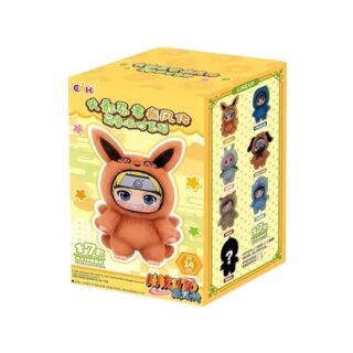 Boîte mystère Naruto style Labubu. La boite est jaune avec le personnage Naruto dans un costume en peluche orange. Sur fond blanc.