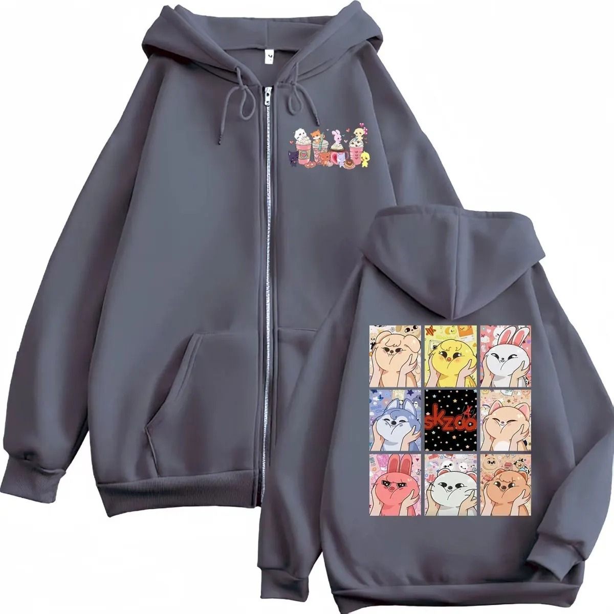 Sweatshirt gris à l'effigie des Stray Kids avec des motifs kawaii Skzoo sur fond blanc