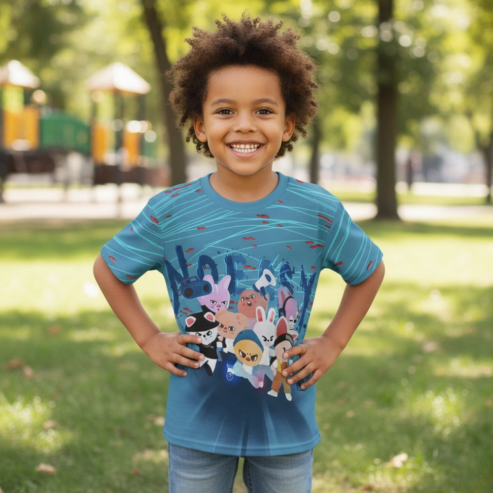 Petit garçon portant un t-shirt bleu à l'effigie de l'album Noeasy des des Stray Kids avec un dessin kawaii mignon, dans un parc